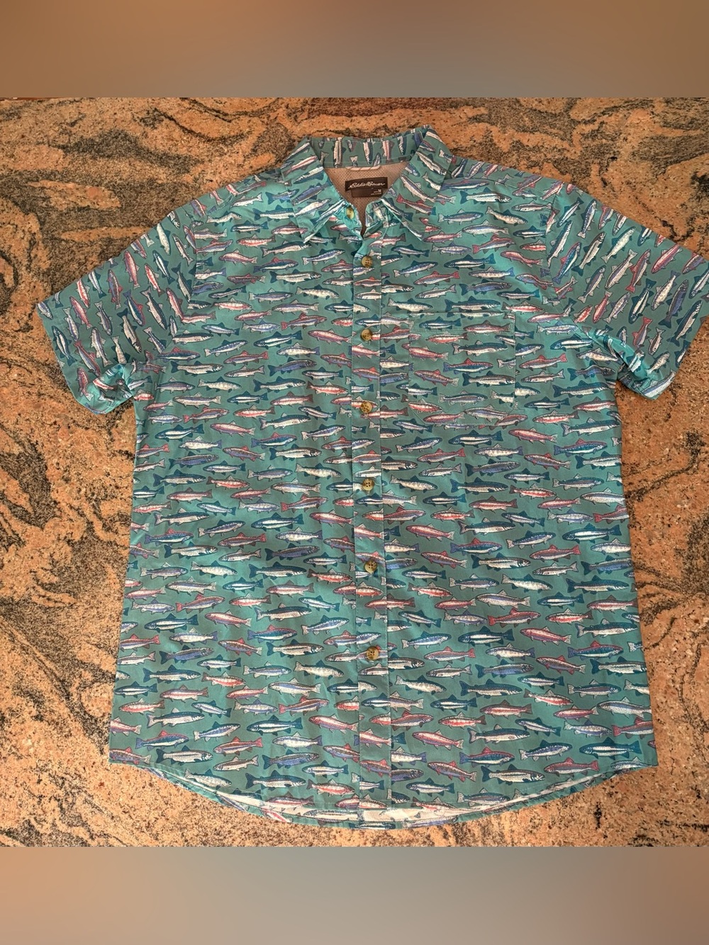 Eddie Bauer Teal Short-Sleeve Fish Print Button-Down Shirt